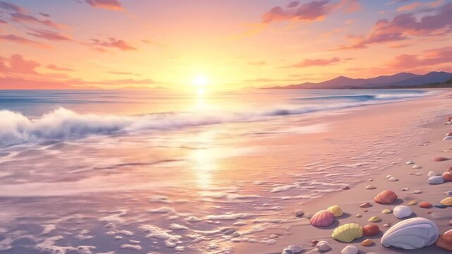 Golden hour sunset illuminates a tranquil beach, casting warm light on gentle waves and a sandy shore, beautifully adorned with colorful, smooth pebbles