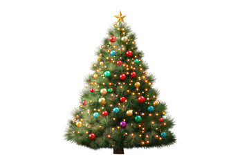 Fototapeta premium decorated Christmas tree with colorful baubles, fairy lights, golden star on top, isolated on transparent background, realistic lighting, clean edges, png style