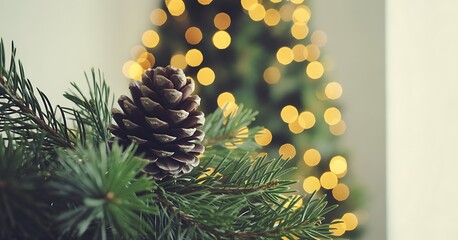 Pine cone on a branch with a christmas tree in the background with bokeh lights