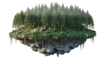 Floating island with lush pine forest, green grass, and rocks.