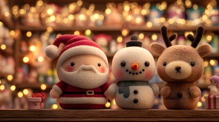 Three stuffed animals, a snowman, a reindeer, and Santa Claus, are standing on a wooden shelf