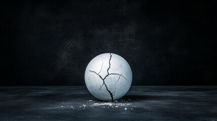Cracked white sphere resting on dark surface with powdered details