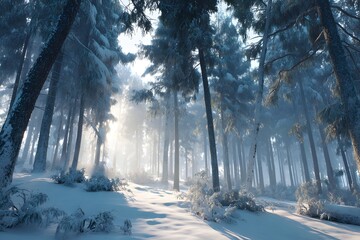 Snowy forest with trees and a path. The snow is deep and the sun is shining through the trees