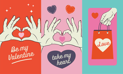 Valentine Poster. Valentine’s Day hand heart illustrations with love messages, romantic gestures, and colorful modern designs in vector style