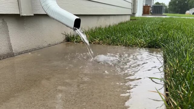 Water flowing from downspout, creating puddle on concrete, showcasing drainage during rainy weather, perfect for environmental awareness