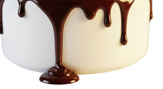 Rich dark chocolate syrup drips onto white ceramic surface closeup