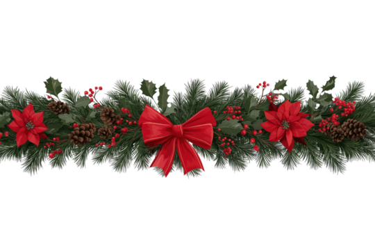 Festive Poinsettia and Pine Christmas Decoration Garland