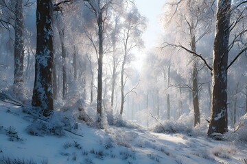 Snowy forest with trees covered in snow. The sun is shining through the trees, creating a peaceful and serene atmosphere
