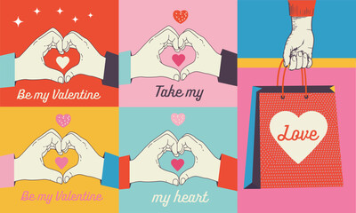 Valentine Poster. Valentine’s Day hand heart illustrations and love messages with romantic gestures, heart symbols, and colorful modern design
