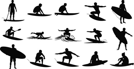 Surfer silhouettes vector set, men surfing and paddle boarding, extreme water sports icons collection, black isolated figures on white