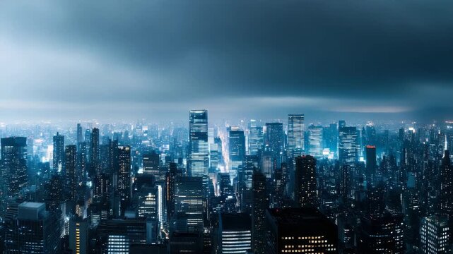 Breathtaking views of a city skyline as daylight fades, transforming into a lively night filled with bright lights and dynamic clouds