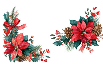 Watercolor Christmas Decoration Corners with Poinsettia and Holly