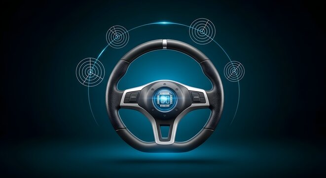 Steering wheel with digital display and connected technology icons - Powered by Adobe