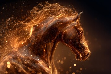 Horse with a fiery mane and a golden head. The horse is surrounded by a lot of sparkles, giving it a magical and ethereal appearance