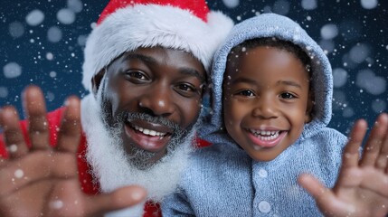 African male santa and child celebrating christmas together with joyful smiles amid falling snow
