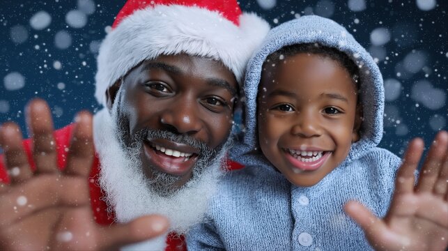African male santa and child celebrating christmas together with joyful smiles amid falling snow
