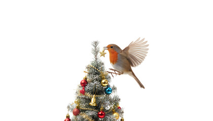 A small songbird decorating a mini Christmas tree on an isolated pure white background