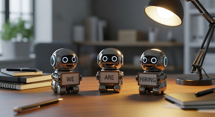 Robots Hiring Concept – Futuristic Recruitment Copy Space Poster, robot hiring, futuristic recruitment, AI hiring, recruitment poster, hiring concept, copy space design, robot workforce, digital hire
