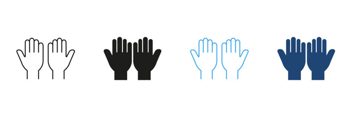 Raised Hands Gesture Line And Solid Icon Set. Celebration, Applause, And Agreement Outline And Silhouette Symbol Collection. Communication And Expression. Isolated Vector Illustration