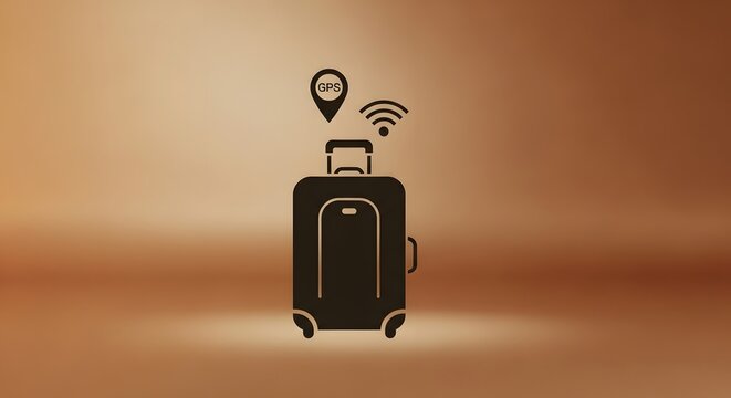Black suitcase with location and wifi icons in a bronze studio setting - Powered by Adobe