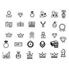 Minimalist Luxury line icons set with editable stroke, featuring gold, diamond, expensive, rich, ring, vip, jawelry, money, value, fragance, crown, award, premium, gem, king.