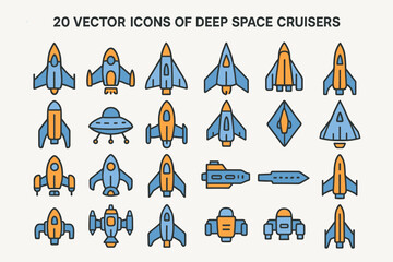 A set of 20 bright vector icons in the filled line style on the theme of “deep space cruisers” (space cruisers of deep space).