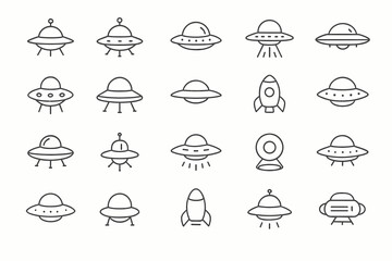 A set of minimalist black and white outline icons on the theme of UFOs and spaceships. © Dima
