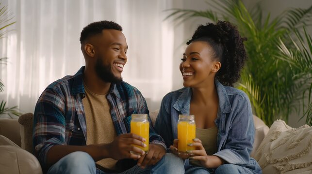 Happy young african american couple smiling and drinking orange juice on a couch. Black man and woman relaxing together at home - Powered by Adobe
