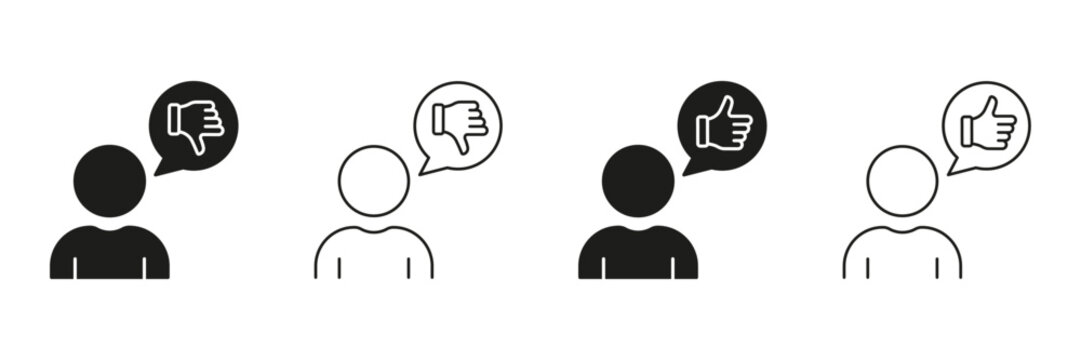Person With Thumbs Up And Down Line And Solid Icon Set. Feedback, Opinion, And Evaluation Symbol Collection. Communication And Social Interaction. Isolated Vector Illustration
