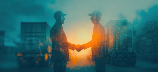 Two men shake hands in front of a city skyline