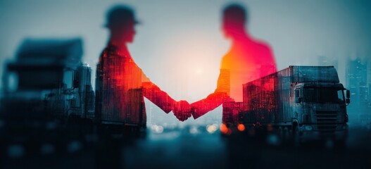 A man and a woman are shaking hands in front of a truck