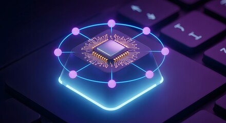 A glowing microchip on a keyboard represents advanced technology era