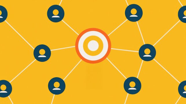 A central target symbol connected to multiple user icons, representing networking or connection themes in a modern design.