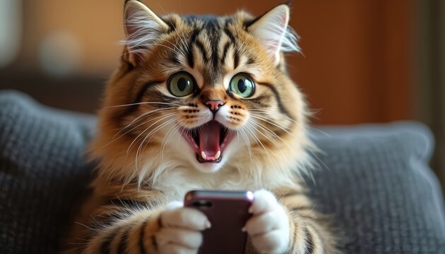 Funny cat sits upright with smartphone in paws. Surprised animal types on device. Shocked face expression of cute tabby kitten. Pet watches video, uses social media on mobile phone. - Powered by Adobe