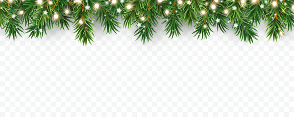 Border with green fir branches, lights and white stars isolated on transparent background. Pine, xmas banner. Vector Christmas tree garland decoration © Kindlena