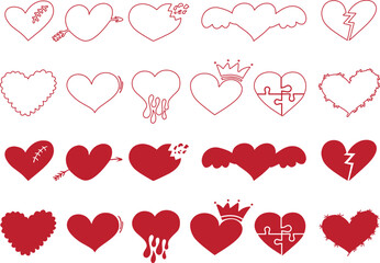 Valentine heart icons collection featuring broken, crowned, puzzle, stitched, winged, arrowed, and dripping heart designs in outline and solid styles for creative romantic graphics.