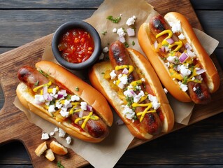 Gourmet grilled sausage hot dogs with cheese, onion and mustard. Top view of street food on a rustic wooden board with salsa.