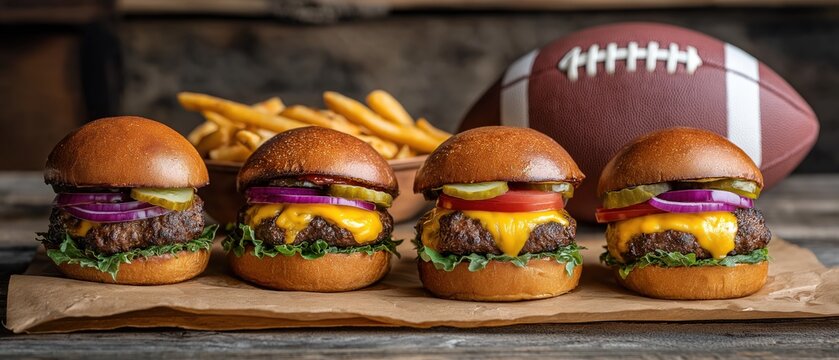 Game day food with four cheeseburger sliders and an American football. Tailgate party meal with beef burgers and french fries