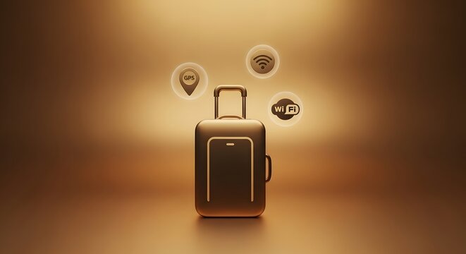 Suitcase with location, wifi, and music icons in a golden studio setting