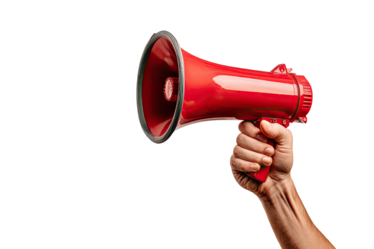 Close-up of a hand holding a bright red megaphone against a black background