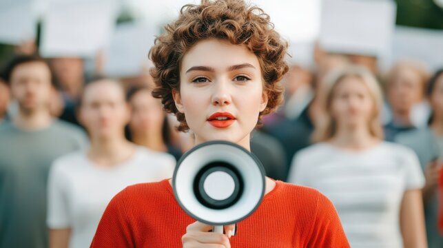 A young woman holds a megaphone, speaking passionately in front of a crowd, symbolizing activism and social engagement.