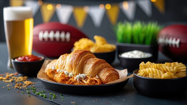 Buffalo chicken croissant sandwich with blue cheese. Game day party food with beer and snacks for a football event