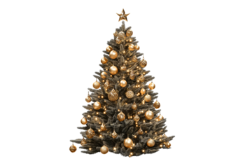 elegant golden Christmas tree with metallic ornaments, isolated on transparent background, luxury design, perfect cut-out, professional product photography look, png style