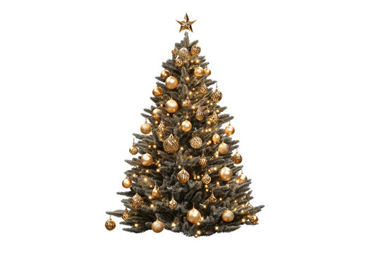 elegant golden Christmas tree with metallic ornaments, isolated on transparent background, luxury design, perfect cut-out, professional product photography look, png style