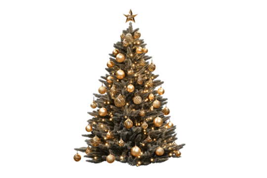 elegant golden Christmas tree with metallic ornaments, isolated on transparent background, luxury design, perfect cut-out, professional product photography look, png style