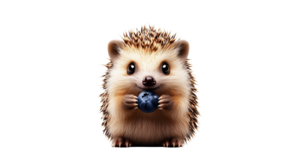 Cute hedgehog holding blueberry on a transparent background