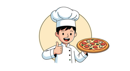 Cartoon chef holding a delicious pizza and giving a thumbs up gesture.