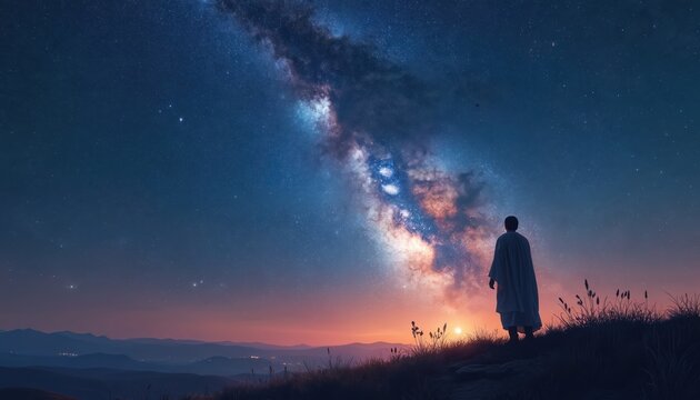 Prophet Abraham stands on hill looking at night sky. Man in robe receives divine promise from God. Biblical story of faith, covenant, hope under stars of milky way galaxy, representing numerous