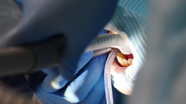 Professional dental teeth cleaning in modern dental clinic. closeup shot. Real footage of woman getting teeth treatment by professional dentists. Dental care concept. Getting rid of plaque and
