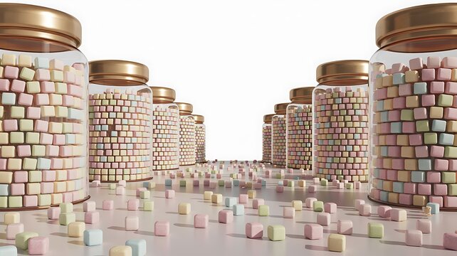 Colorful sweet pastel candy cubes in glass jars and scattered